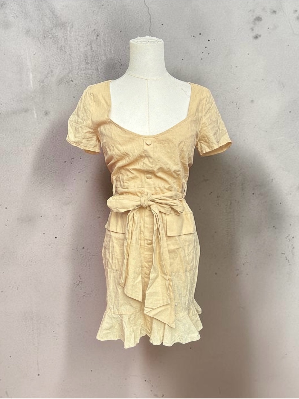 PrettyLittleThing Cream Tie-Waist Ruffle Mini Dress